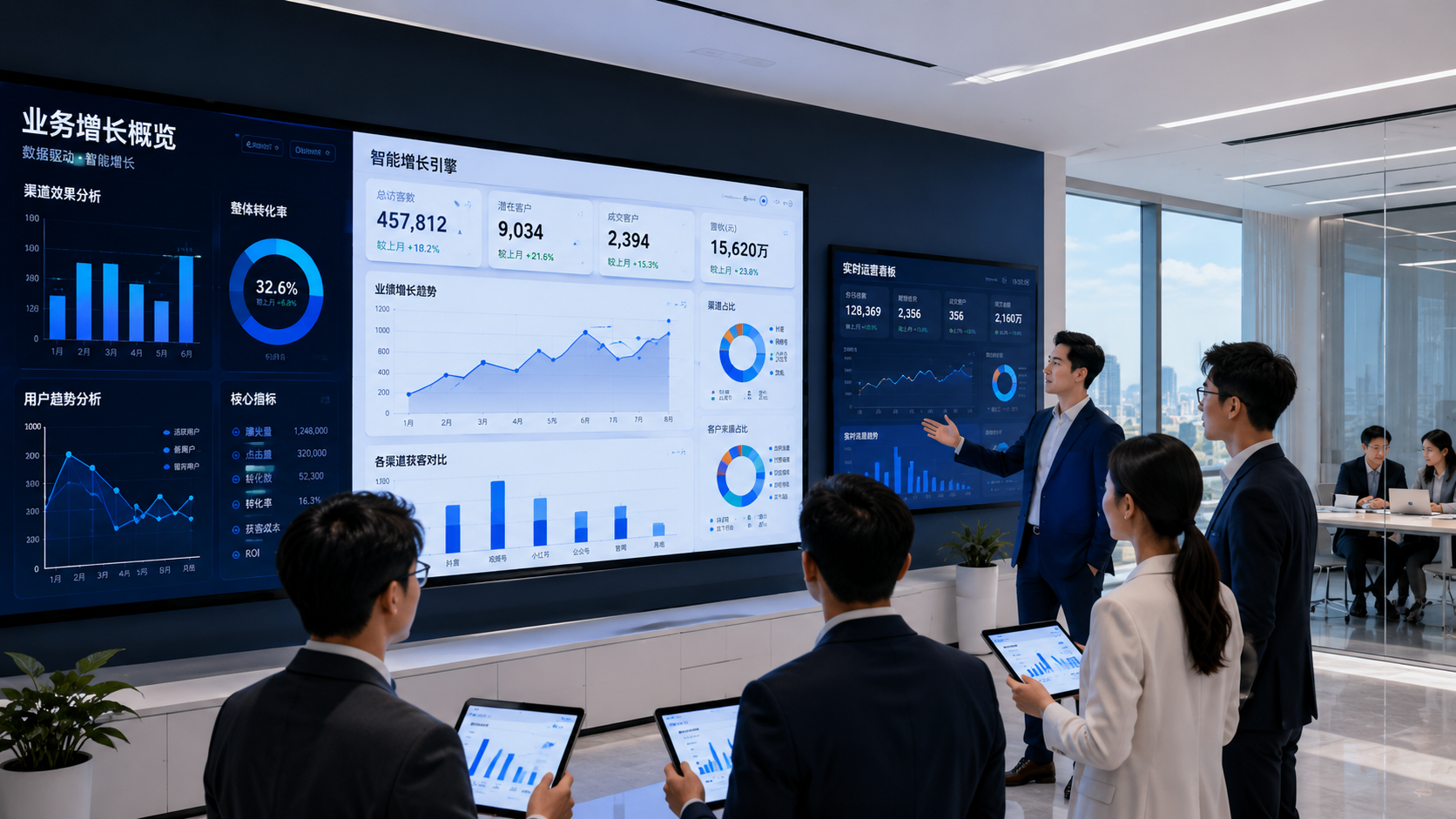 Team reviewing live growth dashboards
